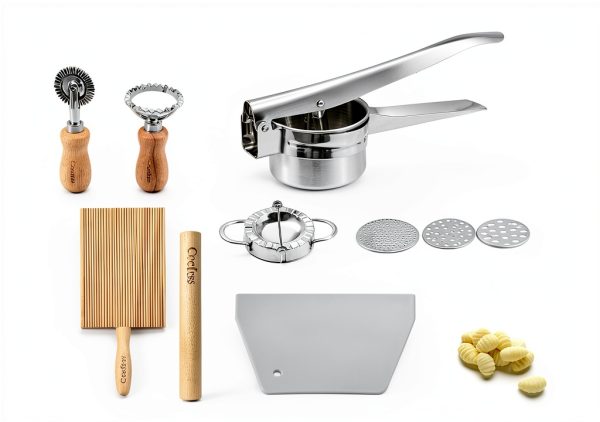 7 Pcs Potato Ricer & Gnocchi Board Kit with Dough Scraper, Ravioli Cutter, Empanada Press, Round Ravioli Mold, Ravioli Rolling Pin, Stainless Steel Ricer for Mashed Potatoes-1