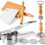 7 Pcs Potato Ricer & Gnocchi Board Kit with Dough Scraper, Ravioli Cutter, Empanada Press, Round Ravioli Mold, Ravioli Rolling Pin, Stainless Steel Ricer for Mashed Potatoes-0