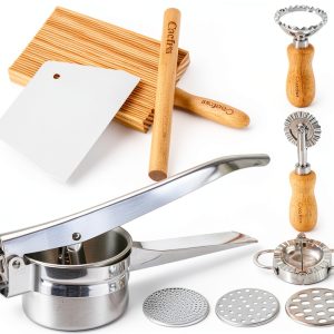 7 Pcs Potato Ricer & Gnocchi Board Kit with Dough Scraper, Ravioli Cutter, Empanada Press, Round Ravioli Mold, Ravioli Rolling Pin, Stainless Steel Ricer for Mashed Potatoes-0