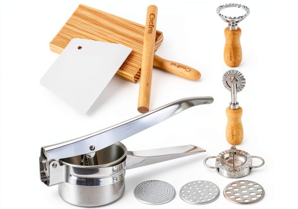 7 Pcs Potato Ricer & Gnocchi Board Kit with Dough Scraper, Ravioli Cutter, Empanada Press, Round Ravioli Mold, Ravioli Rolling Pin, Stainless Steel Ricer for Mashed Potatoes-0