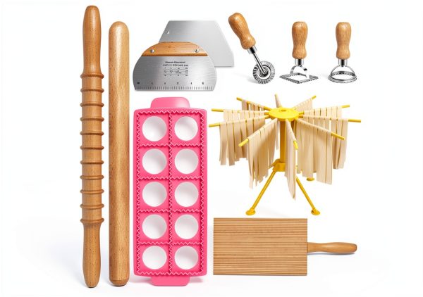 Pasta Making Tools OARSE 10-Piece Kit with Steel Cutters & Drying Rack-0