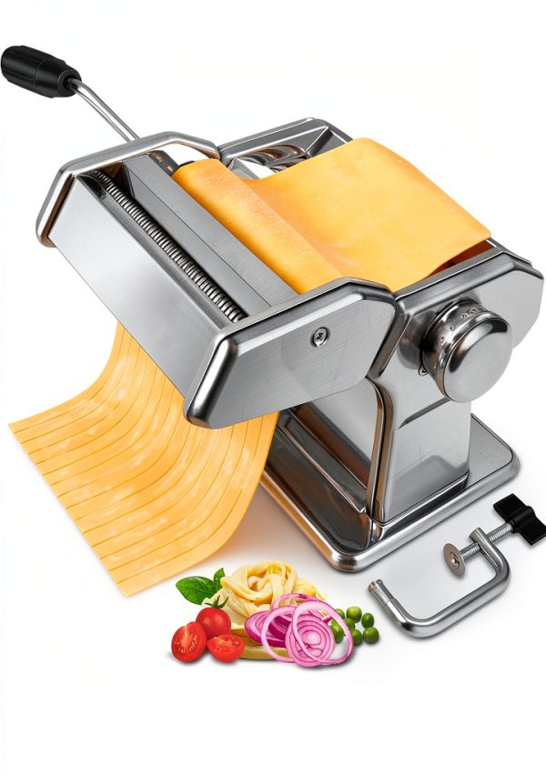 Pasta Maker AceChef 7‑Setting Stainless Steel Roller & Cutter Silver-0